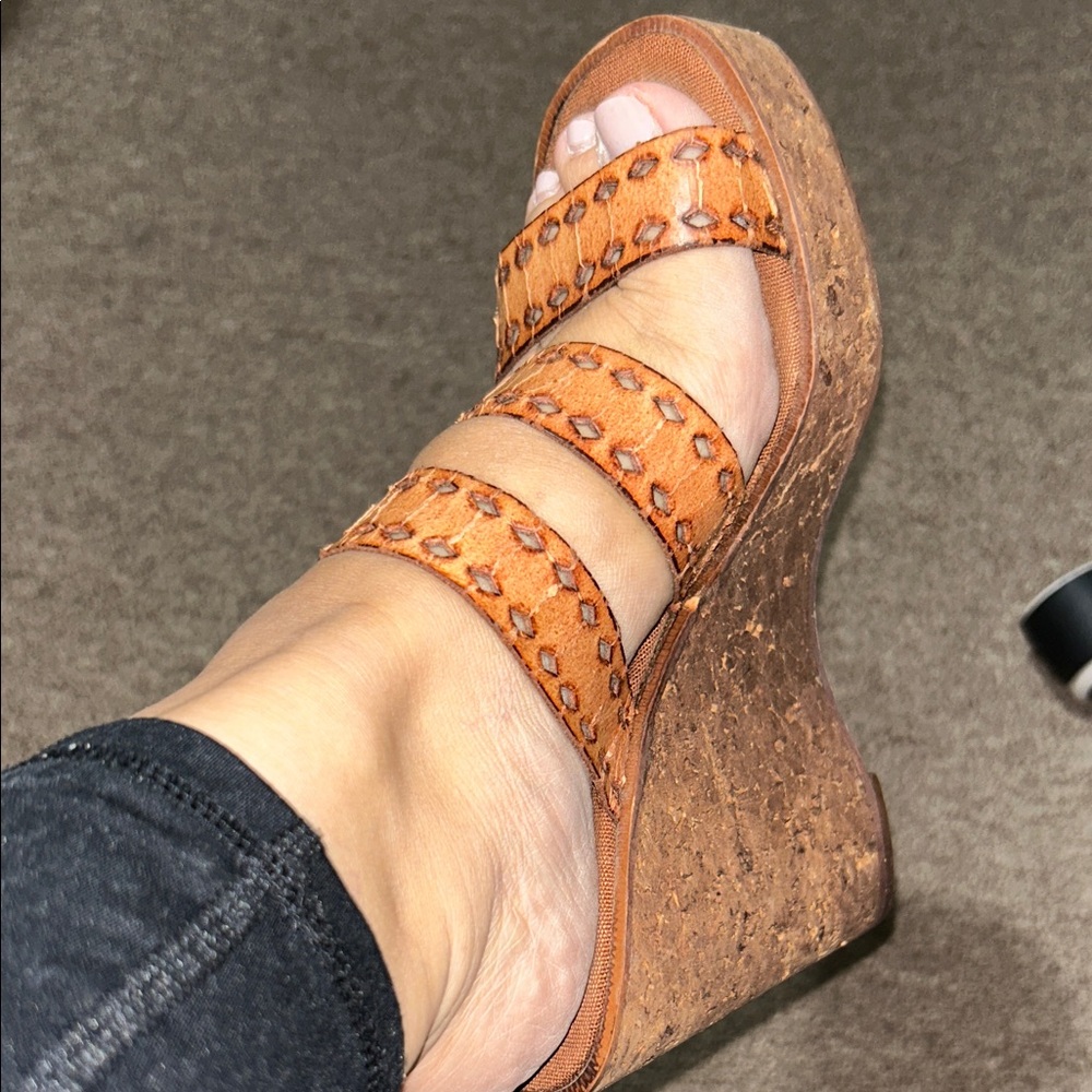Elegant Brown Cork Wedge Sandals Leather Straps Made in Spain